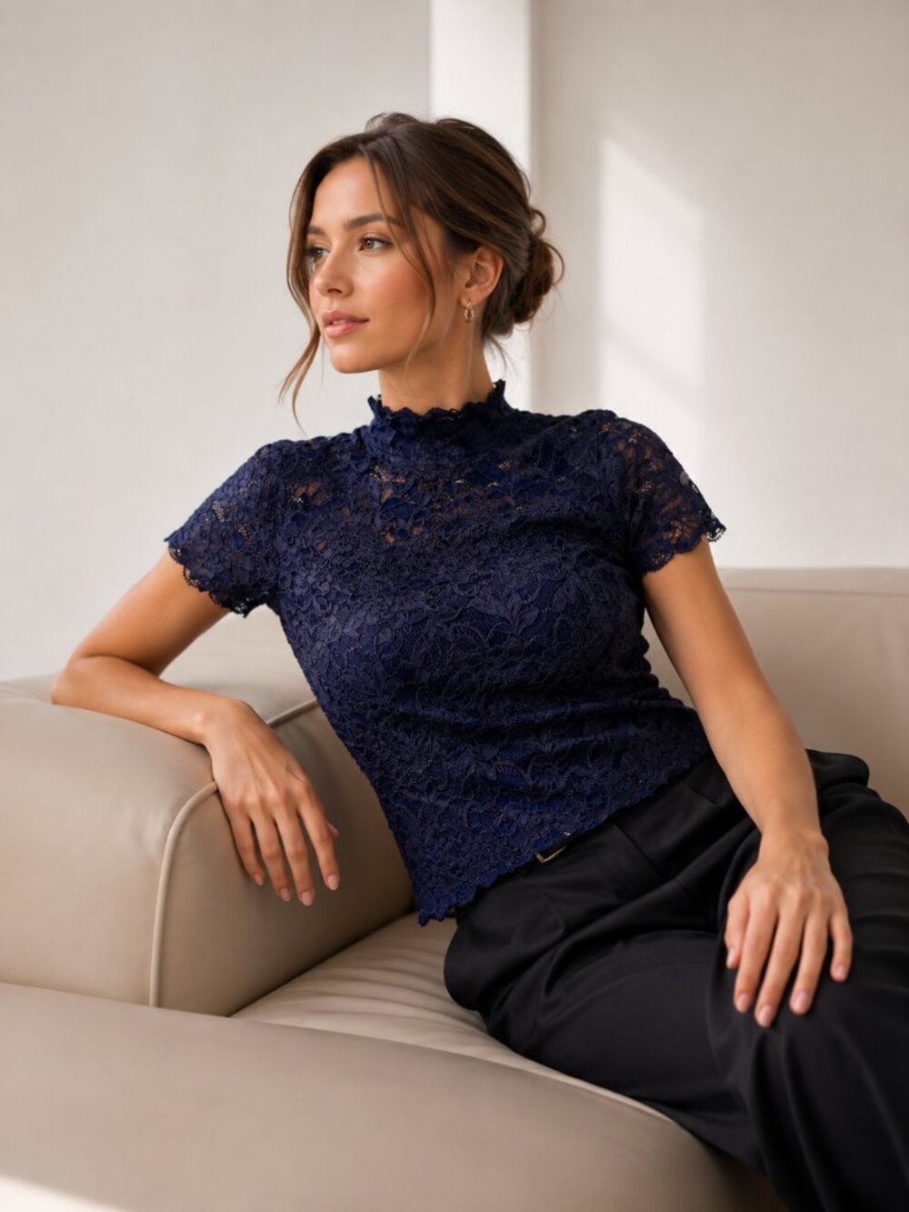 Guess | Navy Blue Floral Lace High Neck Top